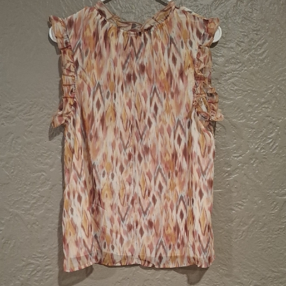 Roan+rijan Ruffled Sleeveless Blouse in Orange and Tan. - Picture 2 of 7